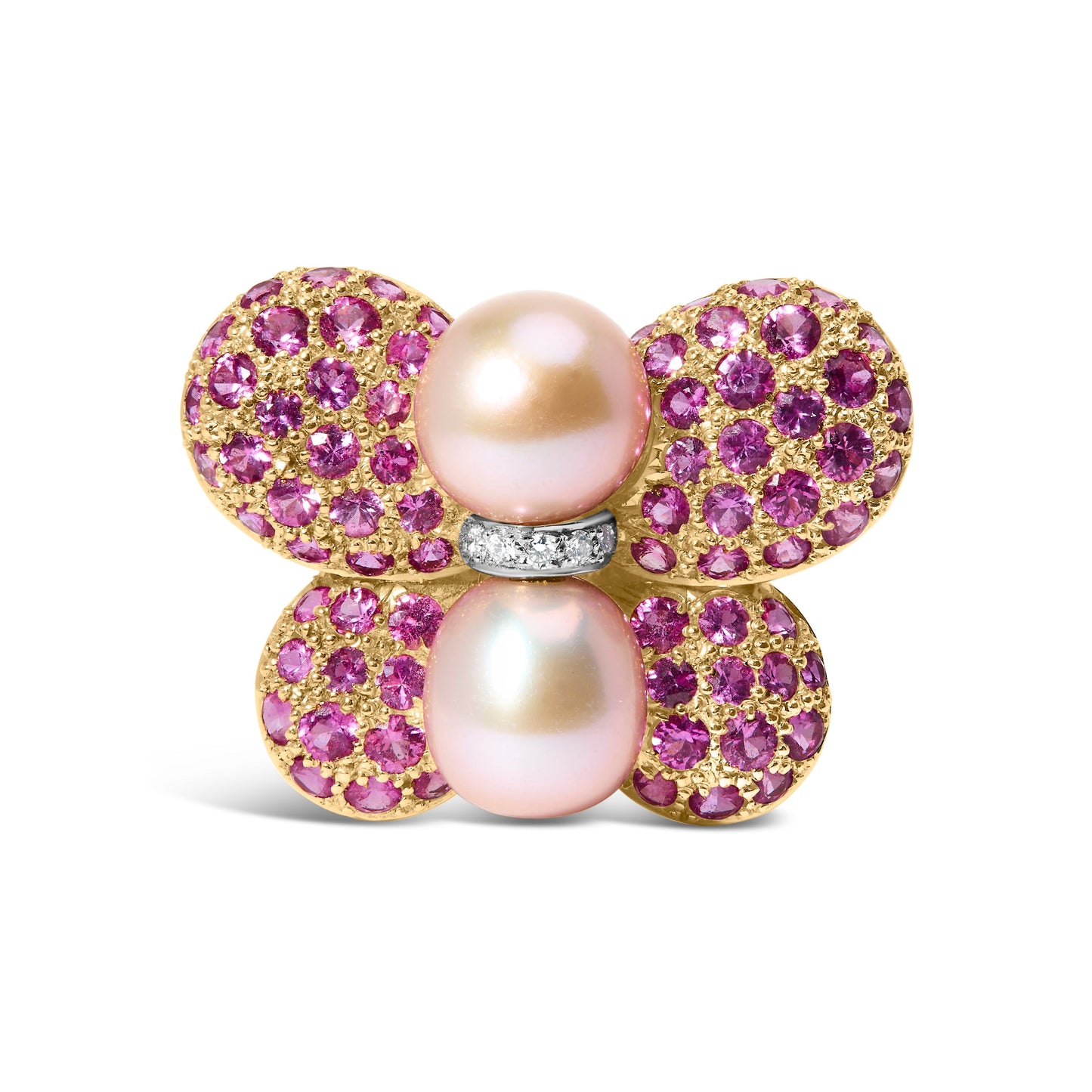 18K Yellow and White Gold 9MM South Sea Pearl and Pink Sapphire Butterfly Pin Brooch with Diamond Accent (F-G Color, VS1-VS2 Clarity) Bids.com