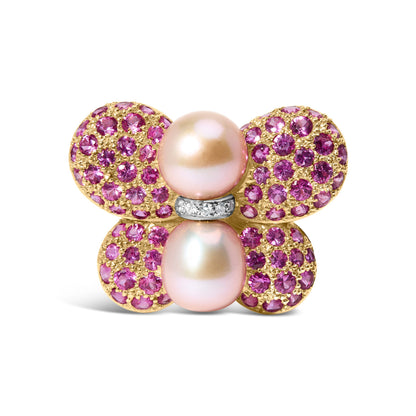18K Yellow and White Gold 9MM South Sea Pearl and Pink Sapphire Butterfly Pin Brooch with Diamond Accent (F-G Color, VS1-VS2 Clarity) Bids.com