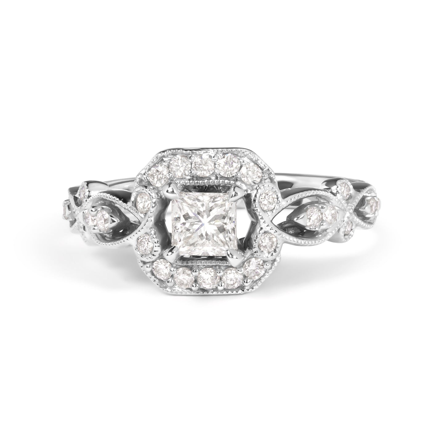 14K White Gold Diamond 3/4 Cttw Diamond Halo Style and Woven Shank Engagement Ring (G-H Color, VS2-SI1 Clarity) - Size 7 Bids.com