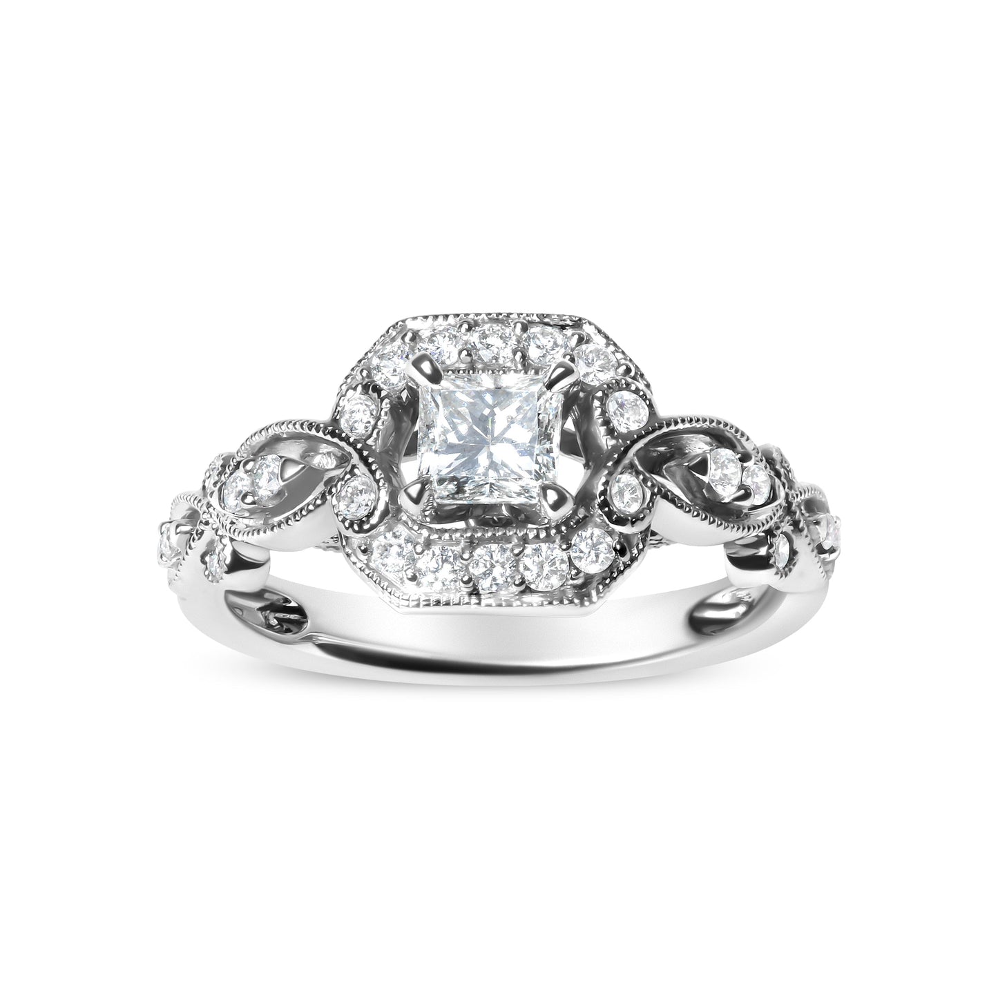 14K White Gold Diamond 3/4 Cttw Diamond Halo Style and Woven Shank Engagement Ring (G-H Color, VS2-SI1 Clarity) - Size 7 Bids.com