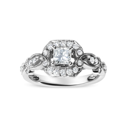 14K White Gold Diamond 3/4 Cttw Diamond Halo Style and Woven Shank Engagement Ring (G-H Color, VS2-SI1 Clarity) - Size 7 Bids.com