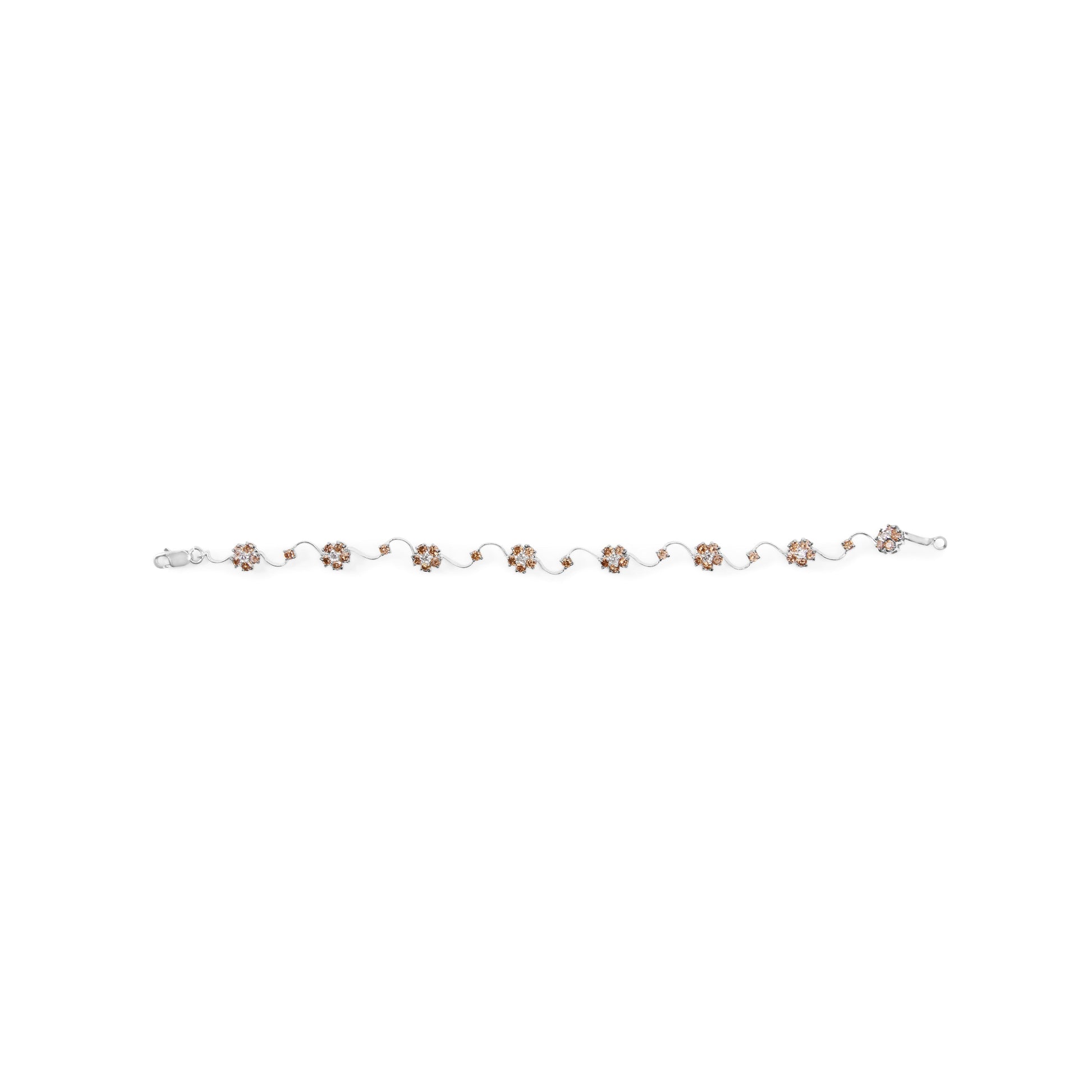 10K White Gold 4.0 Cttw Champagne and White Diamond Floral Cluster and Station Link Bracelet (H-I Color, SI2-I1 Clarity) - 7" Inches Bids.com