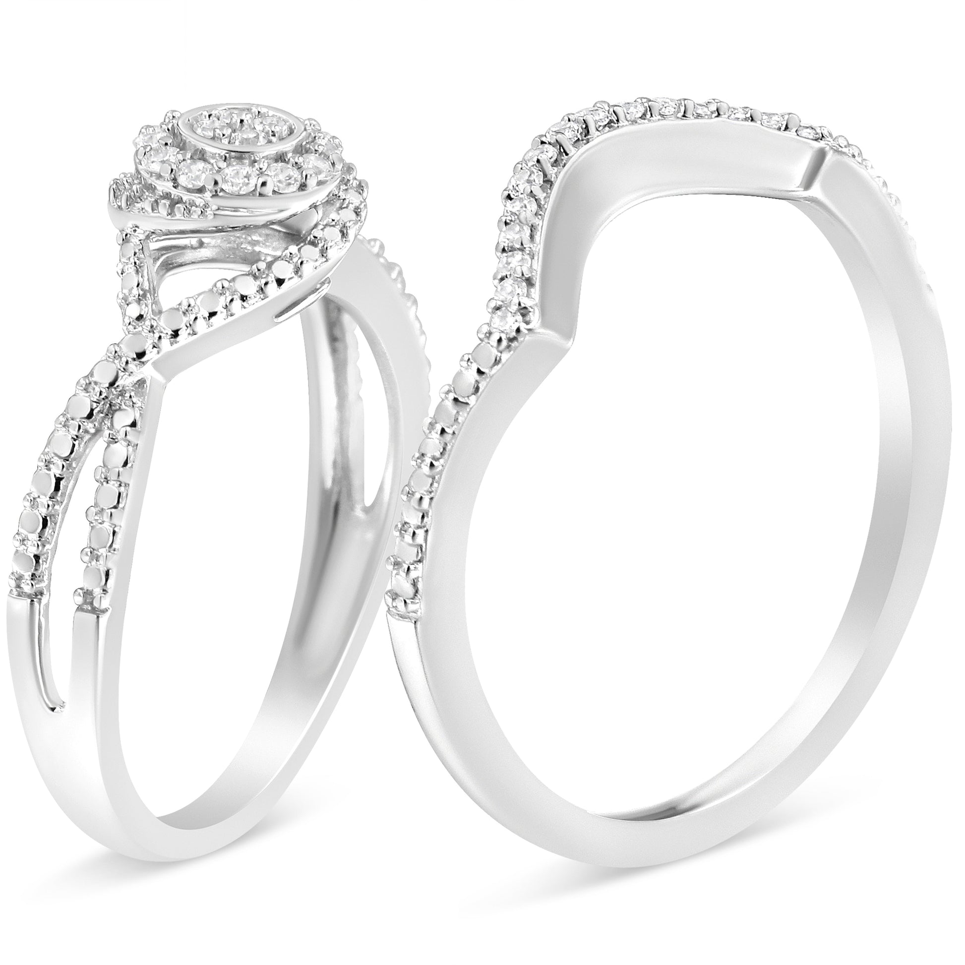 .925 Sterling Silver 1/6 Cttw Diamond Composite Halo and Split Shank Bridal Set Ring and Band  (I-J Color, I3 Clarity) - Size 7 Bids.com