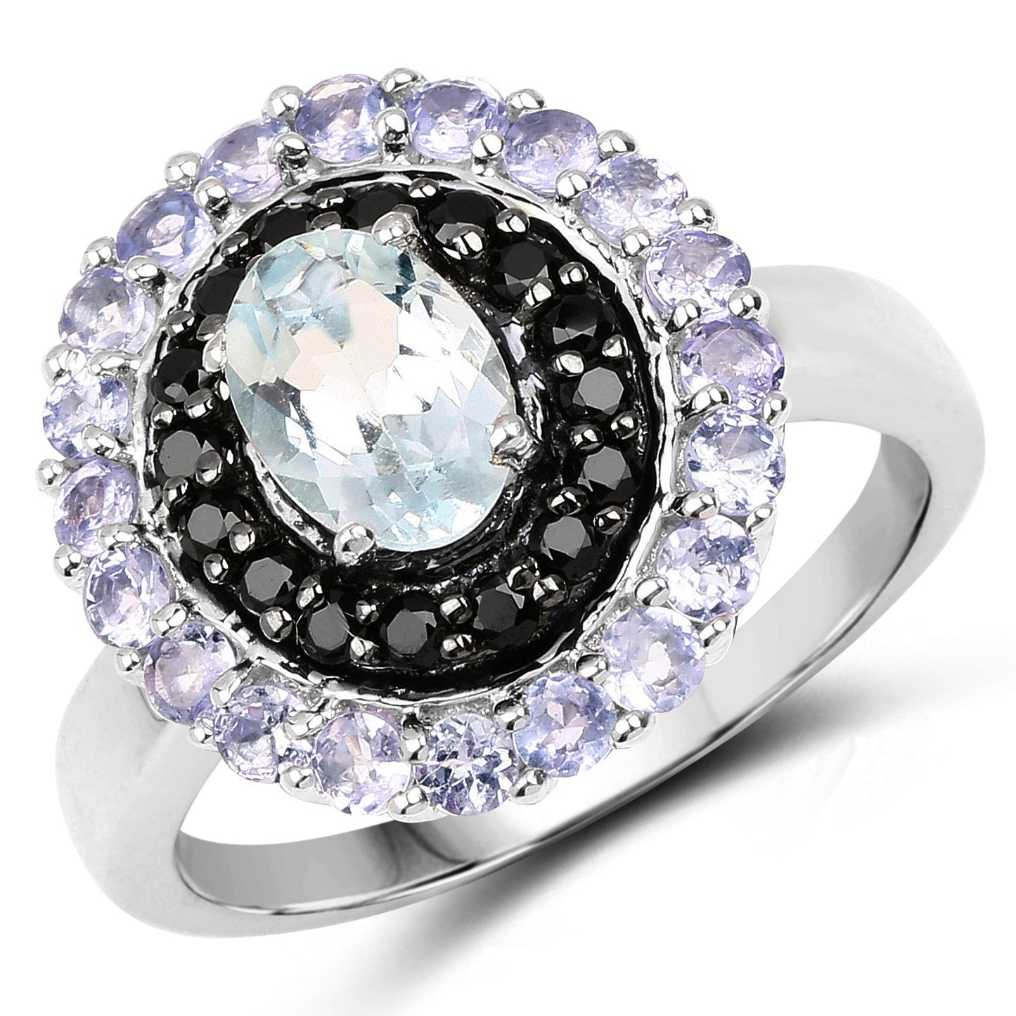 1.77 Carat Genuine Aquamarine, Black Spinel and Tanzanite .925 Sterling Silver Ring Bids.com