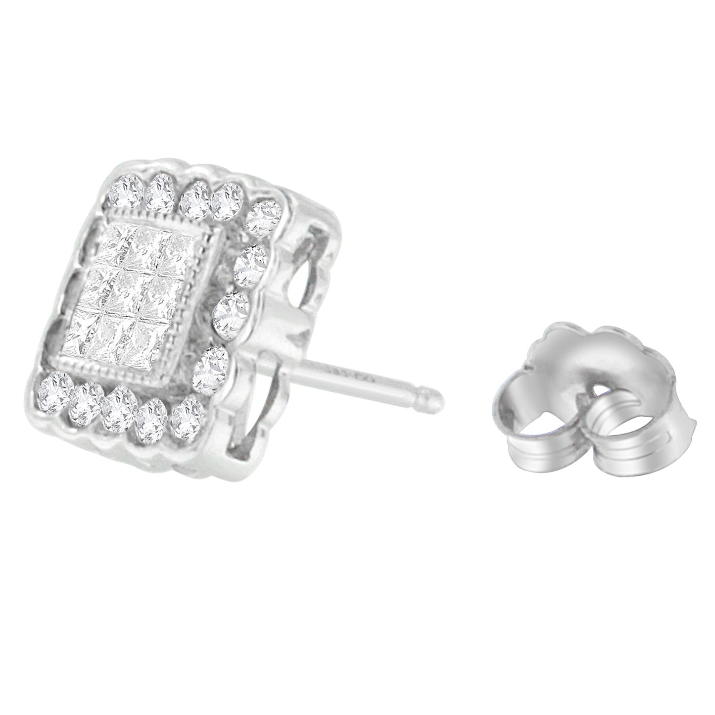 14K White Gold 1.0 Cttw Round Brilliant & Princess Cut Diamond Scallop-Edge Framed Square Halo Stud Earrings (G-H Color, SI1-SI2 Clarity) Bids.com