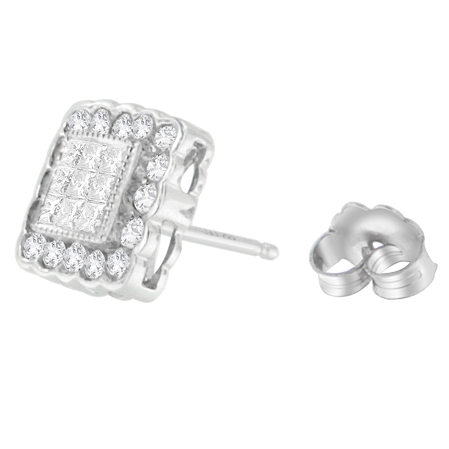 14K White Gold 1.0 Cttw Round Brilliant & Princess Cut Diamond Scallop-Edge Framed Square Halo Stud Earrings (G-H Color, SI1-SI2 Clarity) Bids.com