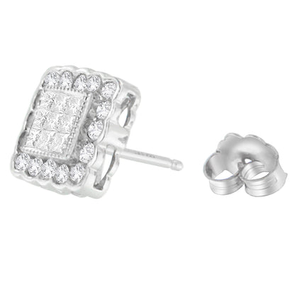 14K White Gold 1.0 Cttw Round Brilliant & Princess Cut Diamond Scallop-Edge Framed Square Halo Stud Earrings (G-H Color, SI1-SI2 Clarity) Bids.com