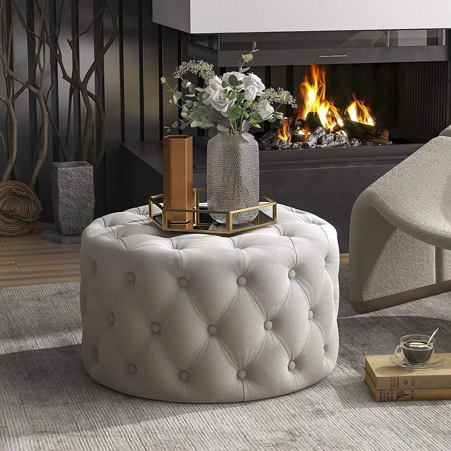 29.5" Tufted Velvet Round Ottoman Classic Button Living Room Footrest with Storage DailySale