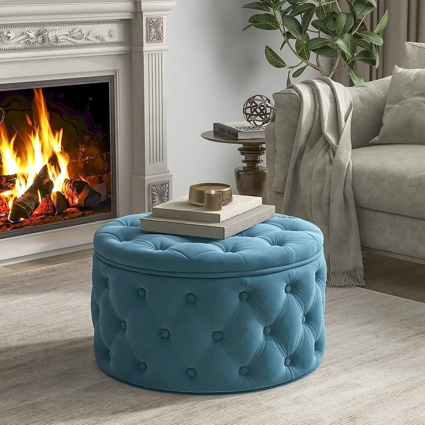 29.5" Tufted Velvet Round Ottoman Classic Button Living Room Footrest with Storage DailySale
