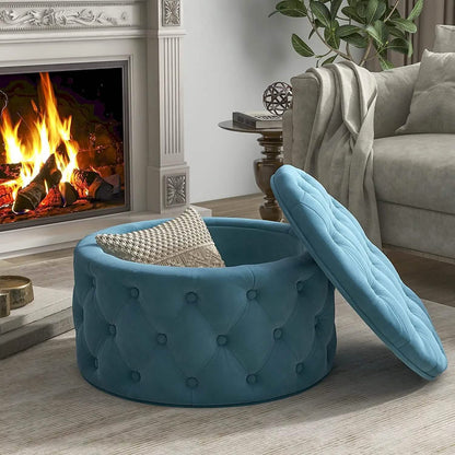29.5" Tufted Velvet Round Ottoman Classic Button Living Room Footrest with Storage DailySale