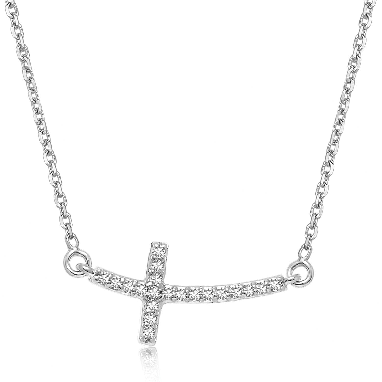 14k White Gold Curved Cross Diamond Studded Necklace (.11cttw) Bids.com