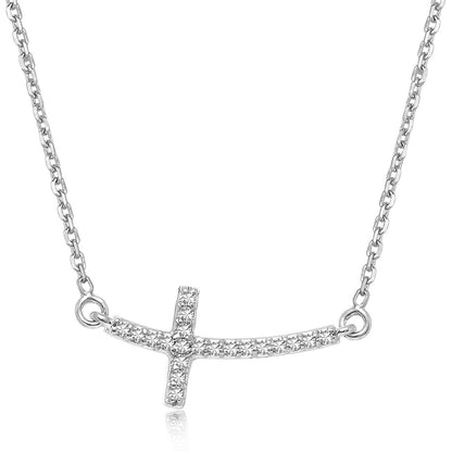 14k White Gold Curved Cross Diamond Studded Necklace (.11cttw) Bids.com