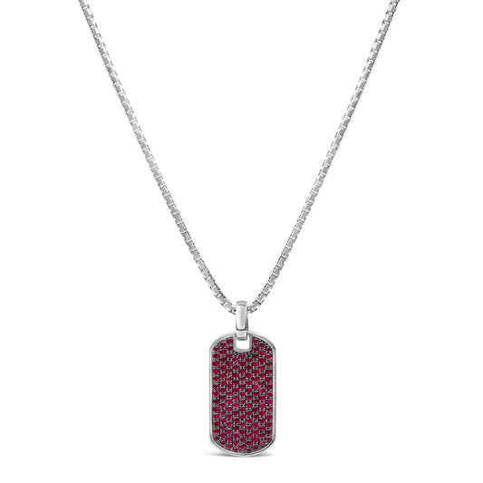 Men's .925 Sterling Silver Created Red Ruby Dog Tag Pendant Necklace - 22" Inches Bids.com