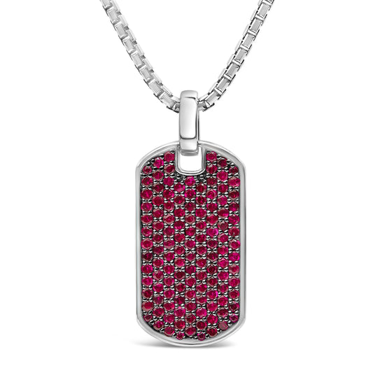 Men's .925 Sterling Silver Created Red Ruby Dog Tag Pendant Necklace - 22" Inches Bids.com