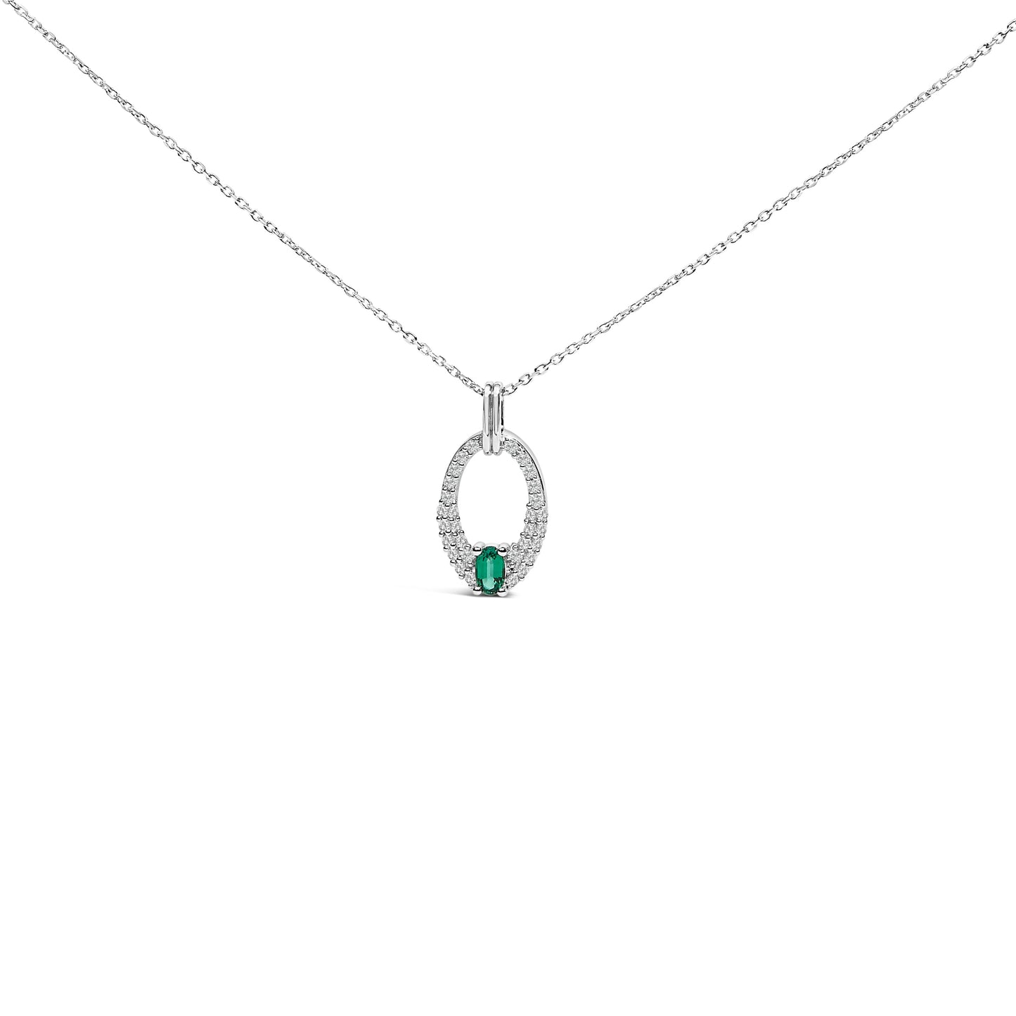 .925 Sterling Silver Created Green Emerald and White Sapphire Oval Shaped Pendant Necklace - 18" Inches Bids.com
