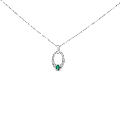 .925 Sterling Silver Created Green Emerald and White Sapphire Oval Shaped Pendant Necklace - 18" Inches Bids.com