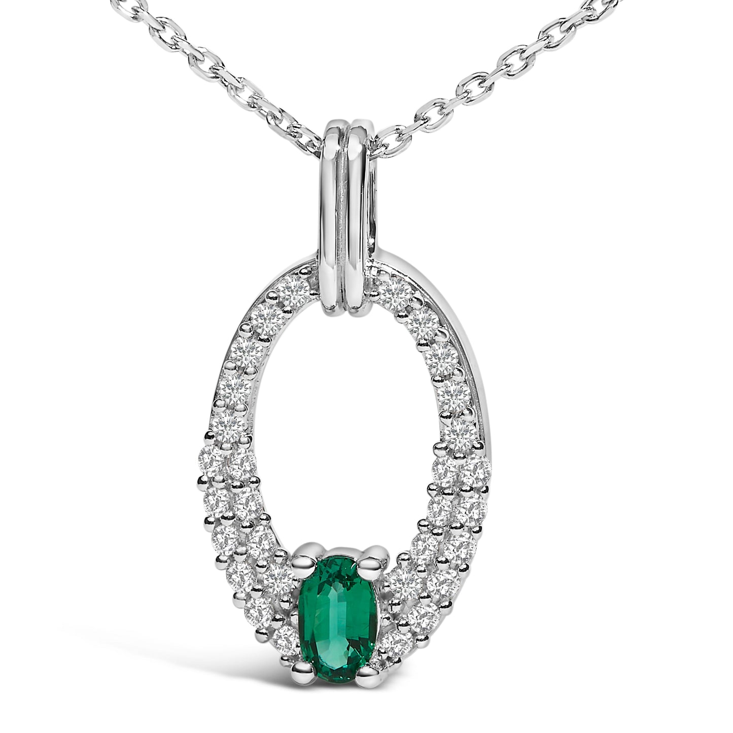 .925 Sterling Silver Created Green Emerald and White Sapphire Oval Shaped Pendant Necklace - 18" Inches Bids.com