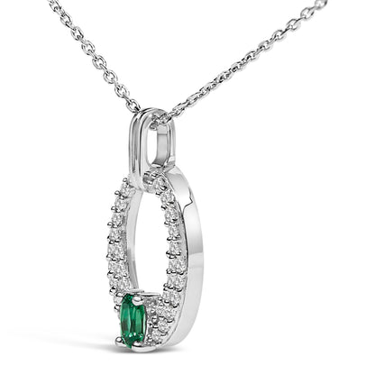 .925 Sterling Silver Created Green Emerald and White Sapphire Oval Shaped Pendant Necklace - 18" Inches Bids.com