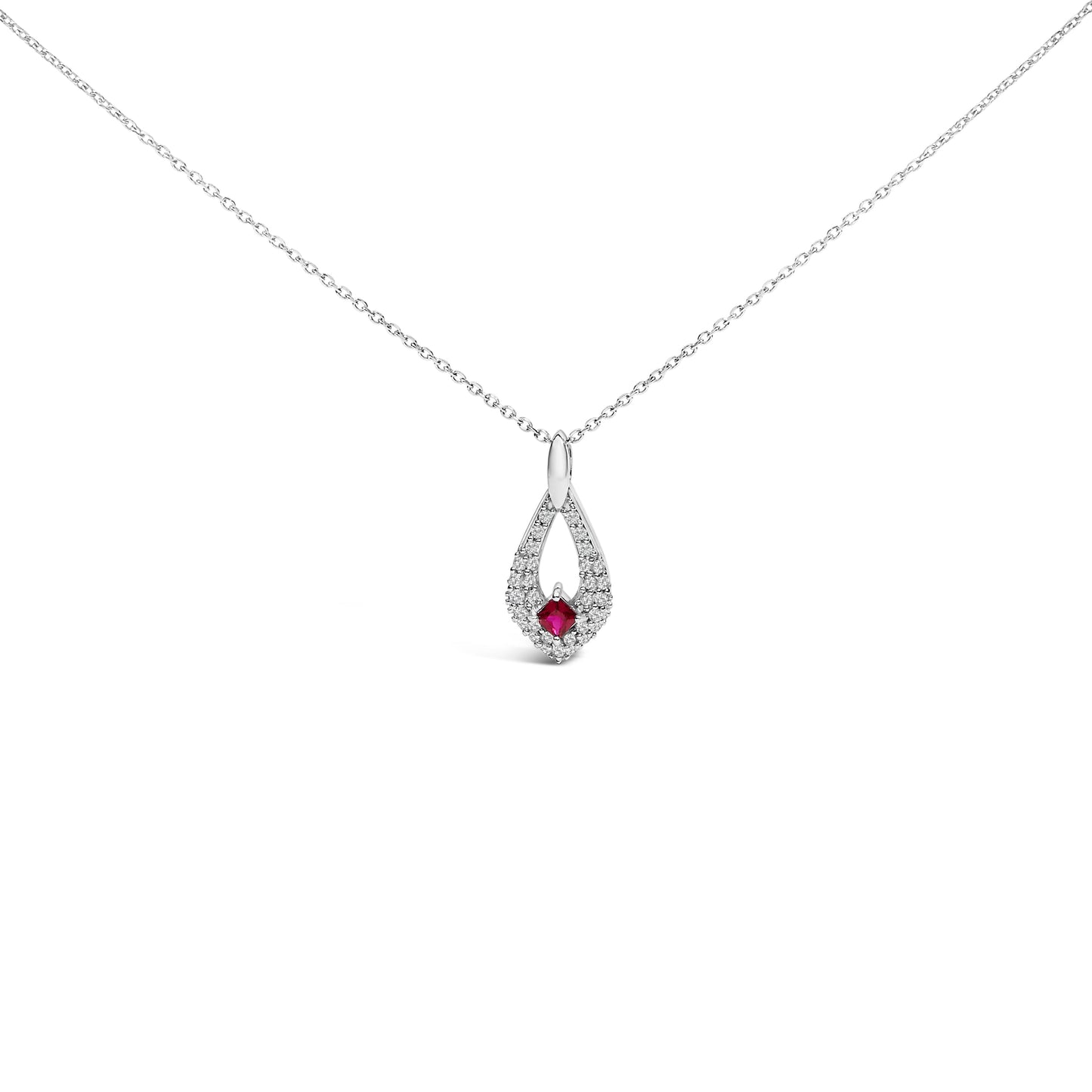 .925 Sterling Silver Created Red Ruby and White Sapphire Pear Shaped Pendant Necklace - 18" Inches Bids.com