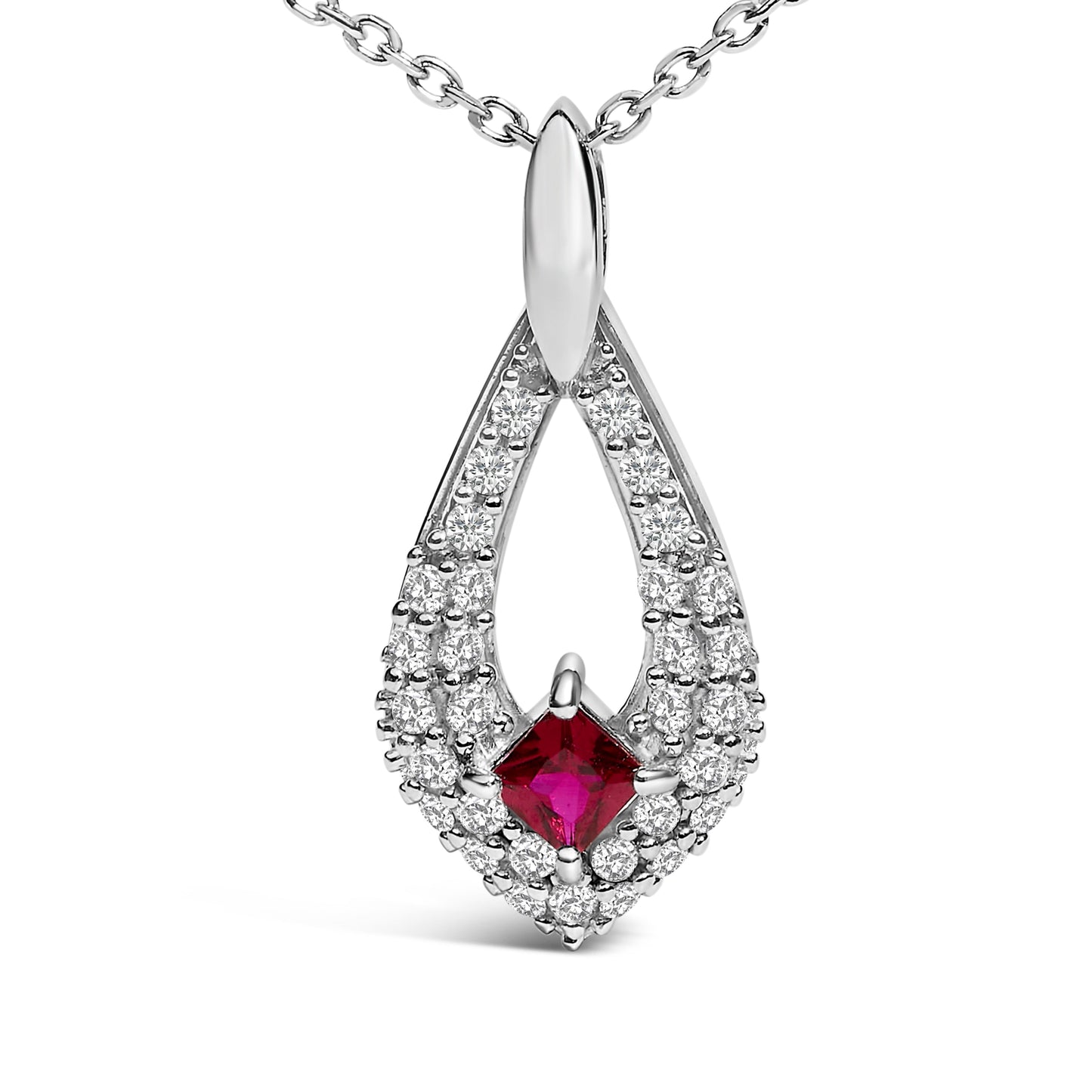 .925 Sterling Silver Created Red Ruby and White Sapphire Pear Shaped Pendant Necklace - 18" Inches Bids.com