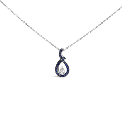 .925 Sterling Silver Created Blue and White Sapphire Teardrop Shaped Pendant Necklace - 18" Inches Bids.com