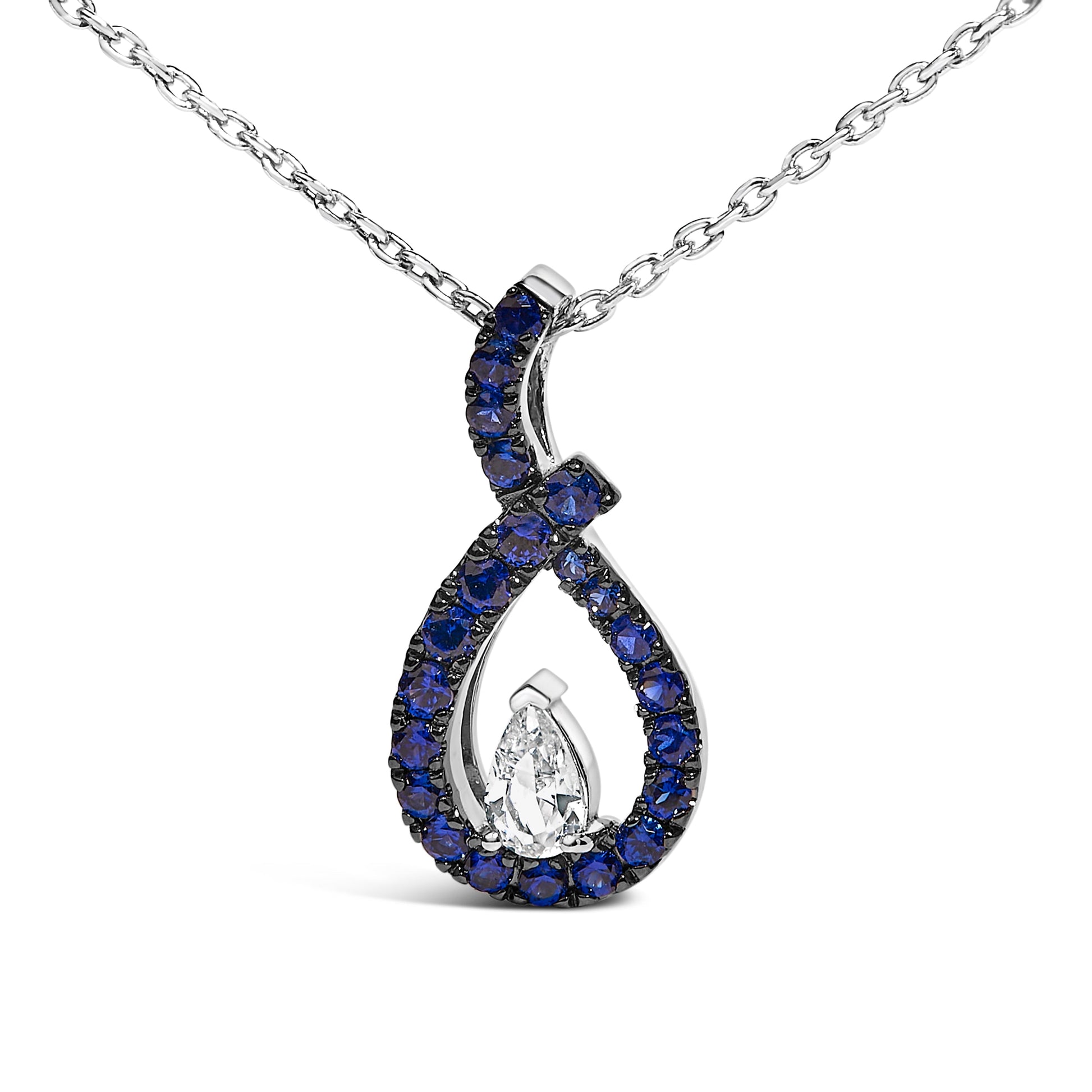 .925 Sterling Silver Created Blue and White Sapphire Teardrop Shaped Pendant Necklace - 18" Inches Bids.com