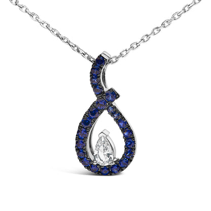 .925 Sterling Silver Created Blue and White Sapphire Teardrop Shaped Pendant Necklace - 18" Inches Bids.com