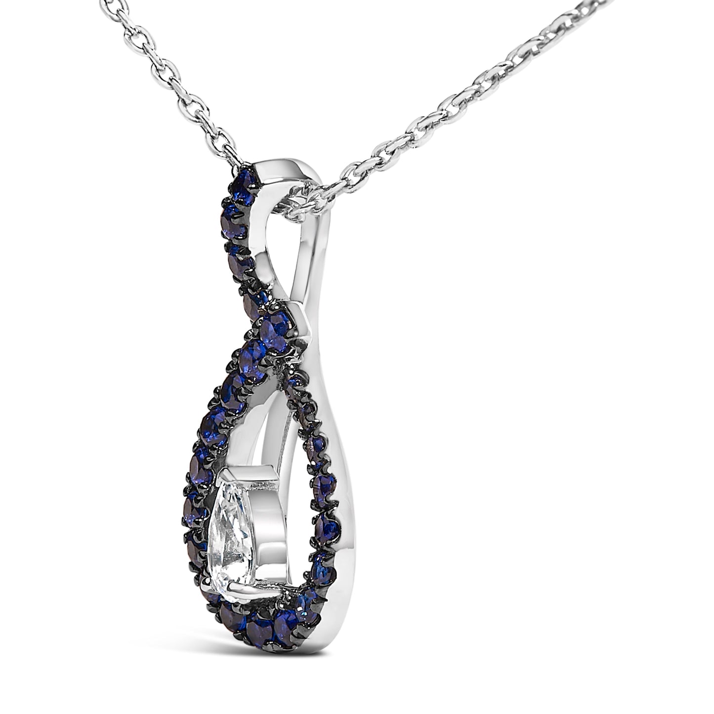 .925 Sterling Silver Created Blue and White Sapphire Teardrop Shaped Pendant Necklace - 18" Inches Bids.com