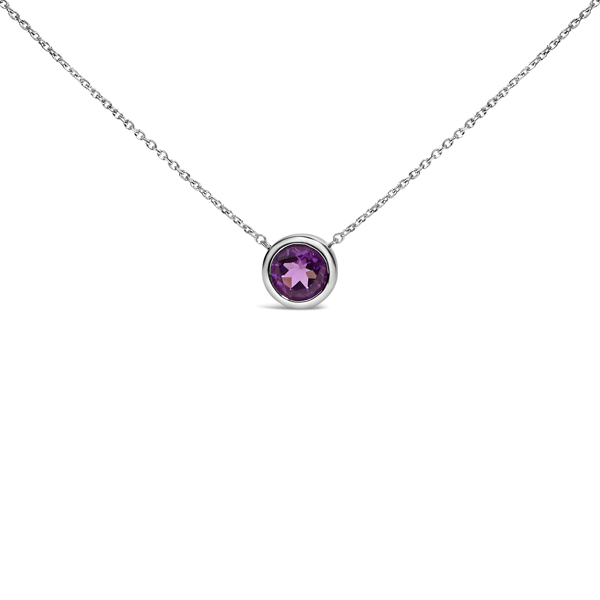 .925 Sterling Silver 7MM Bezel Set Created Purple Amethyst Pendant Necklace - 18" Inches Bids.com