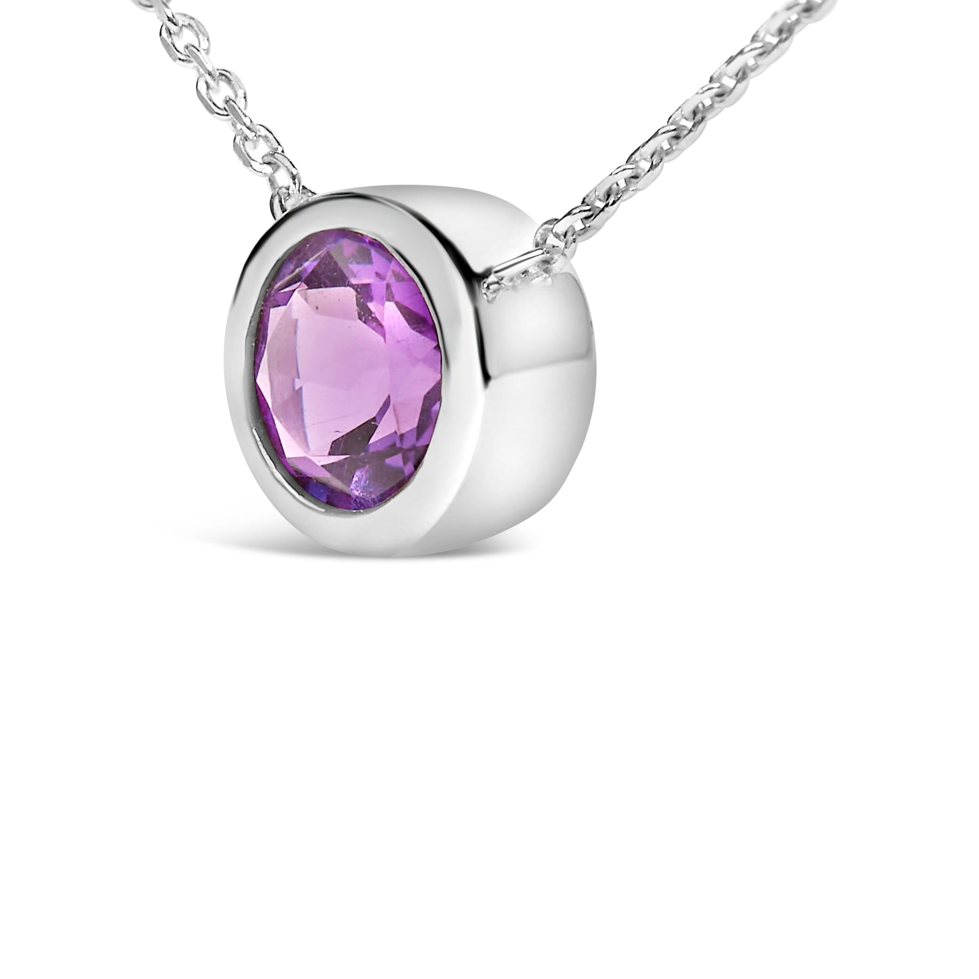 .925 Sterling Silver 7MM Bezel Set Created Purple Amethyst Pendant Necklace - 18" Inches Bids.com
