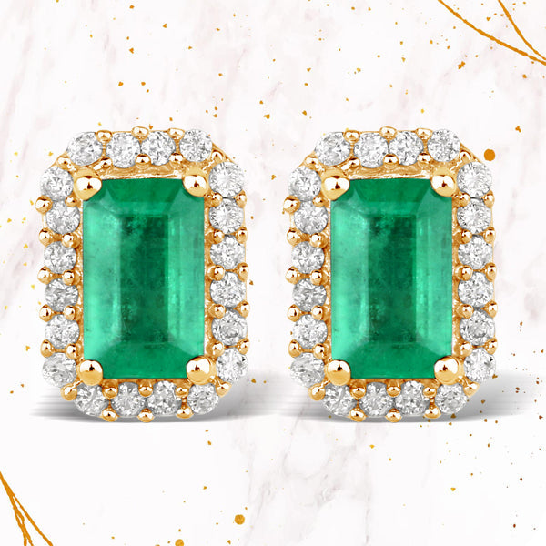 0.91 Carat Genuine Zambian Emerald and White Diamond 14K Yellow Gold Earrings Bids.com