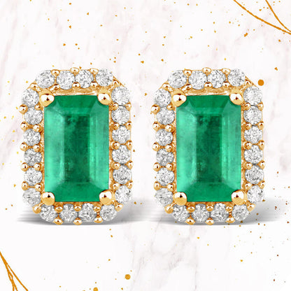 0.91 Carat Genuine Zambian Emerald and White Diamond 14K Yellow Gold Earrings Bids.com
