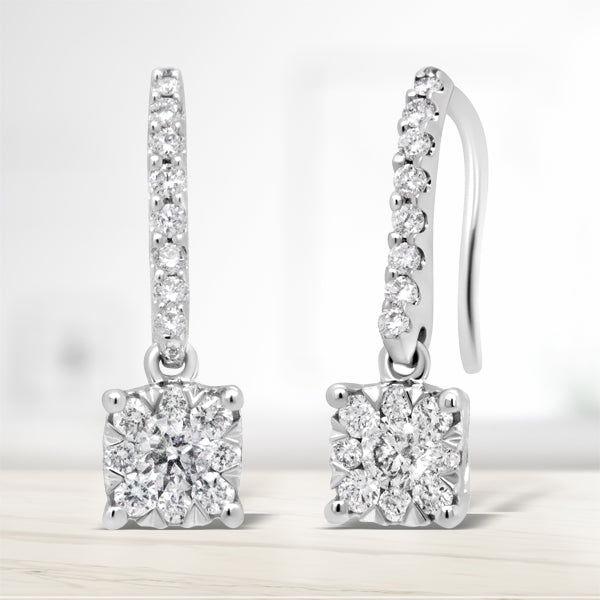 14K White 1/2 Cttw Round Diamond Halo Dangle Hook Earring - (H-I Color, SI2-I1 Clarity) Bids.com