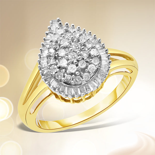 10K Yellow Gold 1/2 Cttw Round and Baguette-Cut Diamond Pear Ring (I-J Color, I1-I2 Clarity) - Size 7 Bids.com