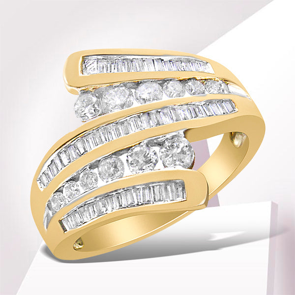 10K Yellow Gold 1 Cttw Round and Baguette-Cut Diamond Multi Row Bypass Ring Band (H-I Color, I1-I2 Clarity) - Ring Size 7 Bids.com