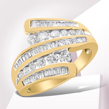 10K Yellow Gold 1 Cttw Round and Baguette-Cut Diamond Multi Row Bypass Ring Band (H-I Color, I1-I2 Clarity) - Ring Size 7 Bids.com
