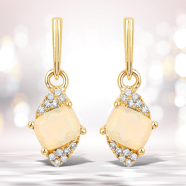 0.57 Carat Genuine Ethiopian Opal and White Diamond 14K Yellow Gold Earrings Bids.com