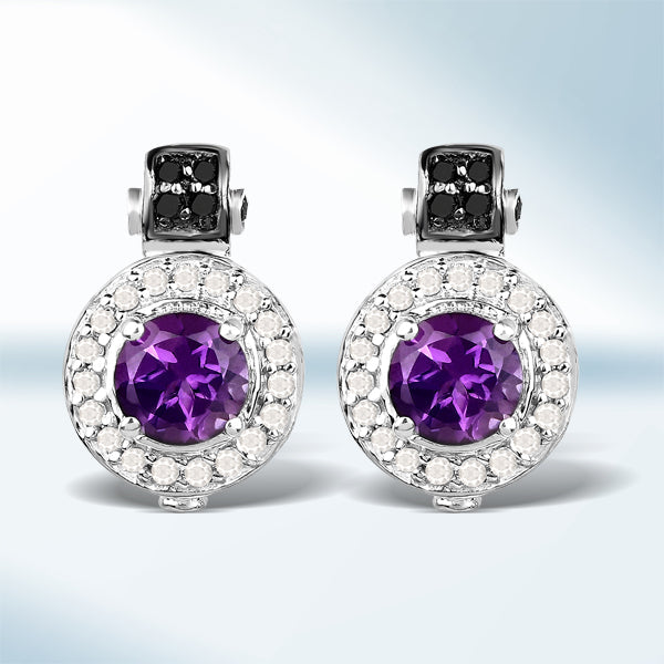 2.29 Carat Genuine Amethyst, Black Diamond and White Diamond .925 Sterling Silver Earrings Bids.com