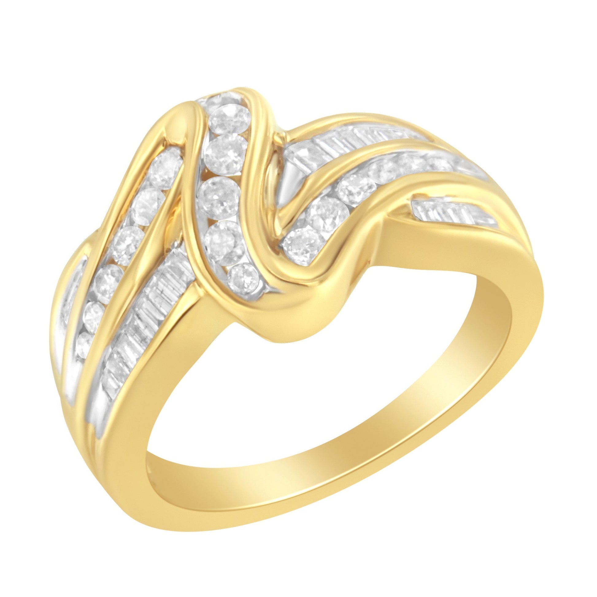10K Yellow Gold 3/4 Cttw Channel Set Round and Baguette-cut Diamond Double Shank Bypass Ring (J-K Color, I1-I2 Clarity) - Size 6.75 Bids.com