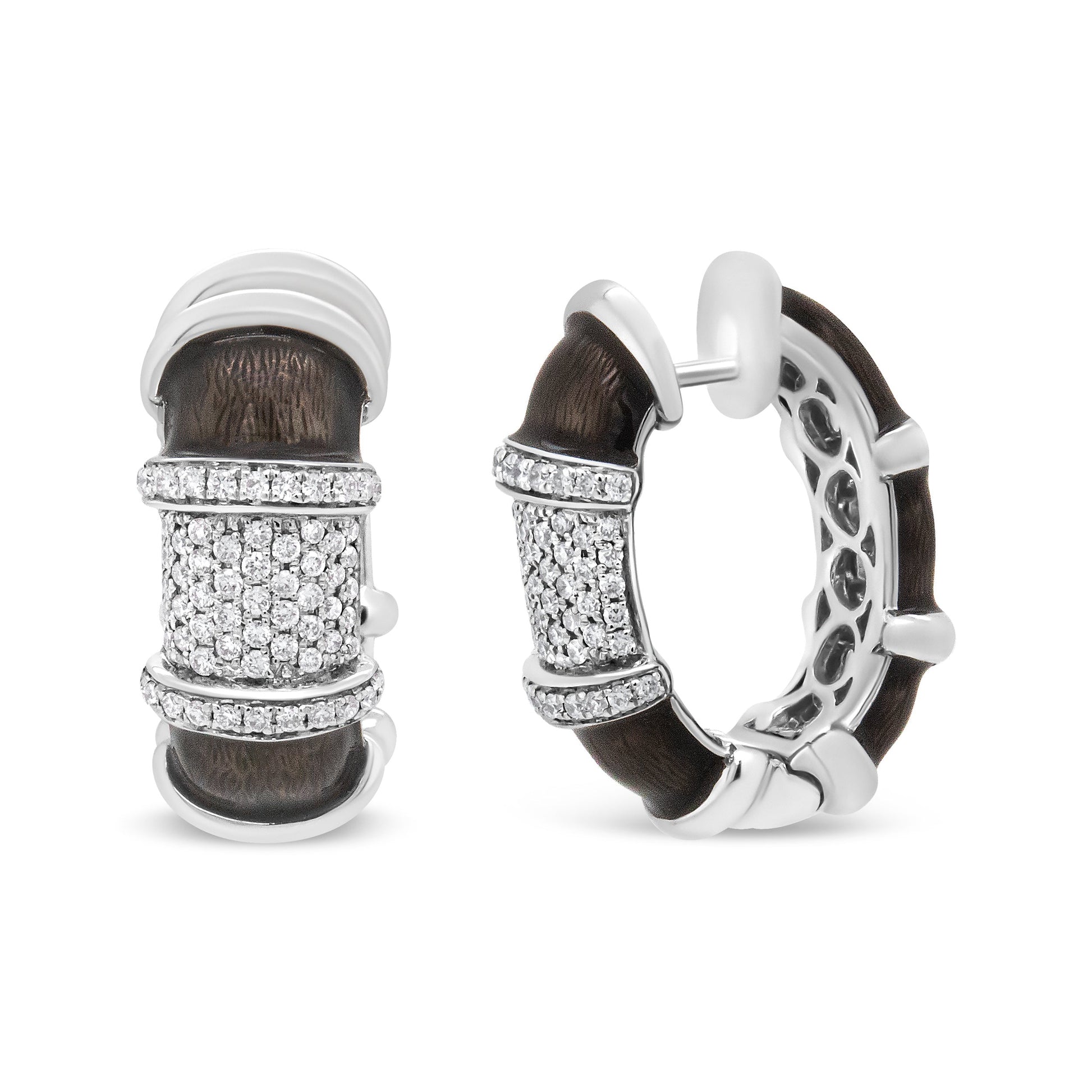 18K White Gold Flash Plated .925 Sterling Silver Clear Graphite Grey Enamel 5/8 Cttw Round Diamonds Huggie Hoop Earrings (F-G Color, VS1-VS2 Clarity) Bids.com