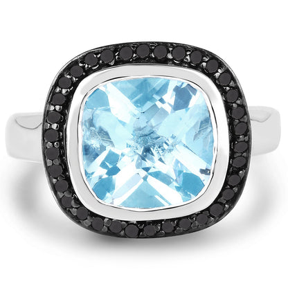 5.23 Carat Genuine Baby Swiss Blue Topaz and Black Diamond .925 Sterling Silver Ring Bids.com