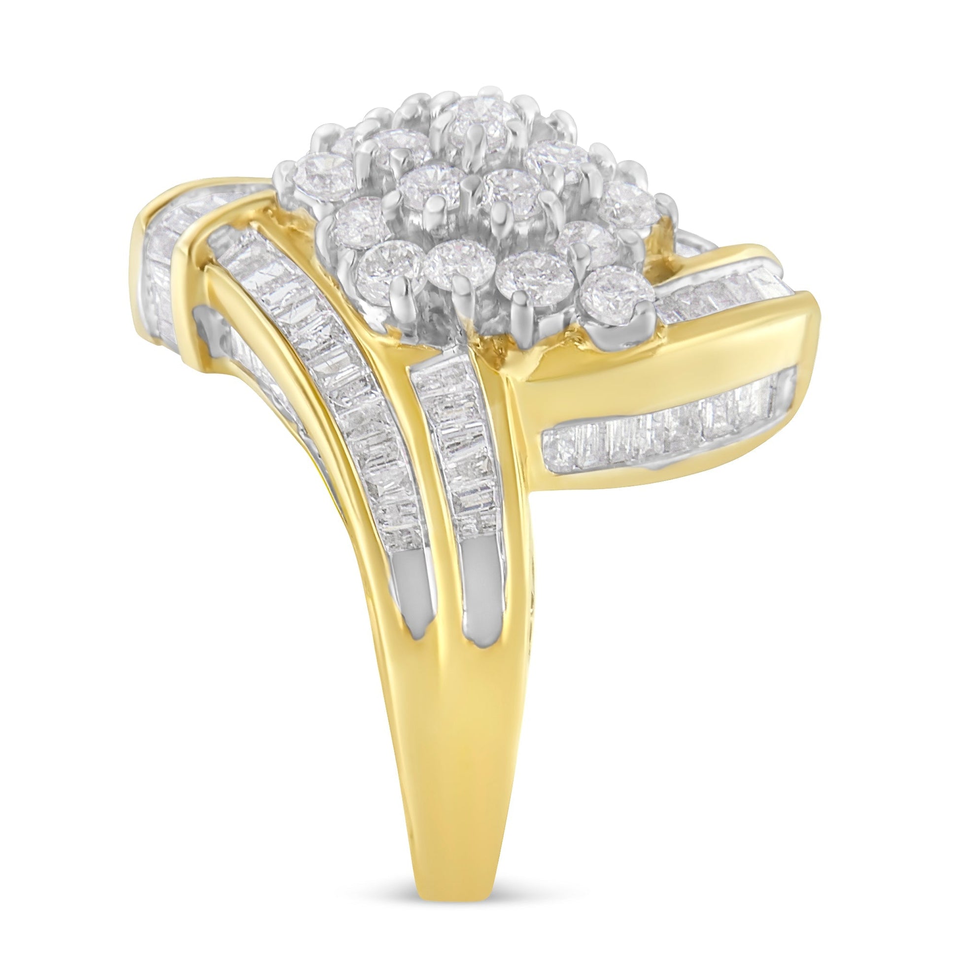 10K Yellow Gold Round and Baguette Diamond Crossover Cluster Ring (3 Cttw, I-J Color, I1-I2 Clarity) - Size 7-1/2 Bids.com