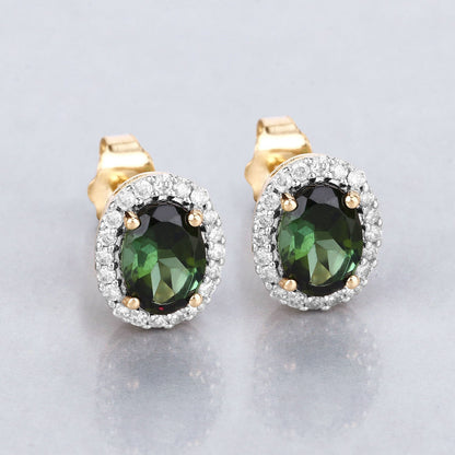 1.92 Carat Genuine Green Tourmaline and White Diamond 14K Yellow Gold Earrings Bids.com