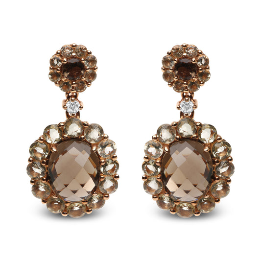 18K Rose Gold Diamond Accent and  Lemon and Oval Smoky Color Quartz Gemstone Dangle Drop Earring (G-H Color, SI1-SI2 Clarity) Bids.com