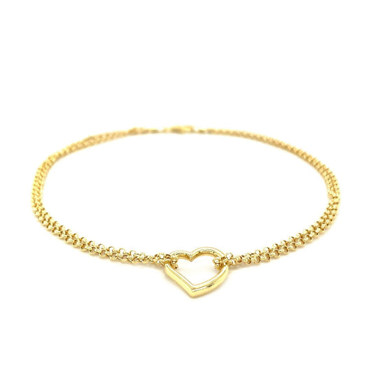 14k Yellow Gold Double Rolo Chain Anklet with an Open Heart Station Bids.com