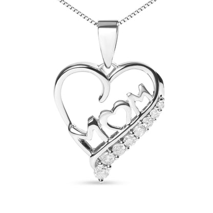 .925 Sterling Silver 1/4 Cttw Diamond  "Mom" and Open Heart 18" Pendant Necklace (I-J Color, I2-I3 Clarity) Bids.com