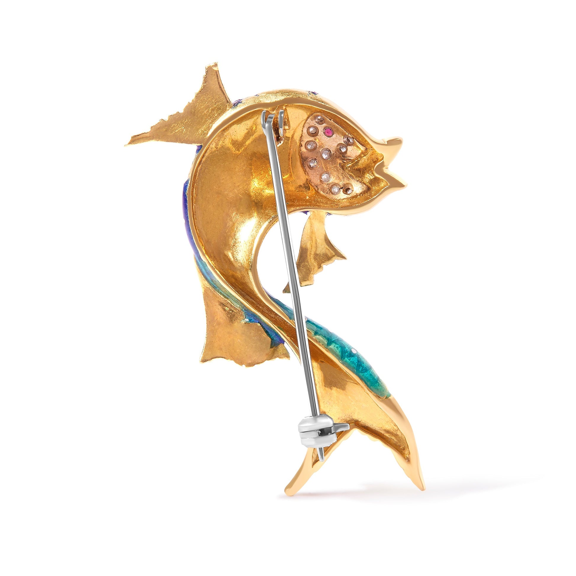 18K Yellow Gold and Blue Enamel Diamond and Pink Sapphire Fish Brooch Pin (H-I Color, VS2-SI1 Clarity) Bids.com