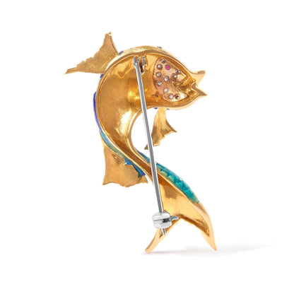 18K Yellow Gold and Blue Enamel Diamond and Pink Sapphire Fish Brooch Pin (H-I Color, VS2-SI1 Clarity) Bids.com