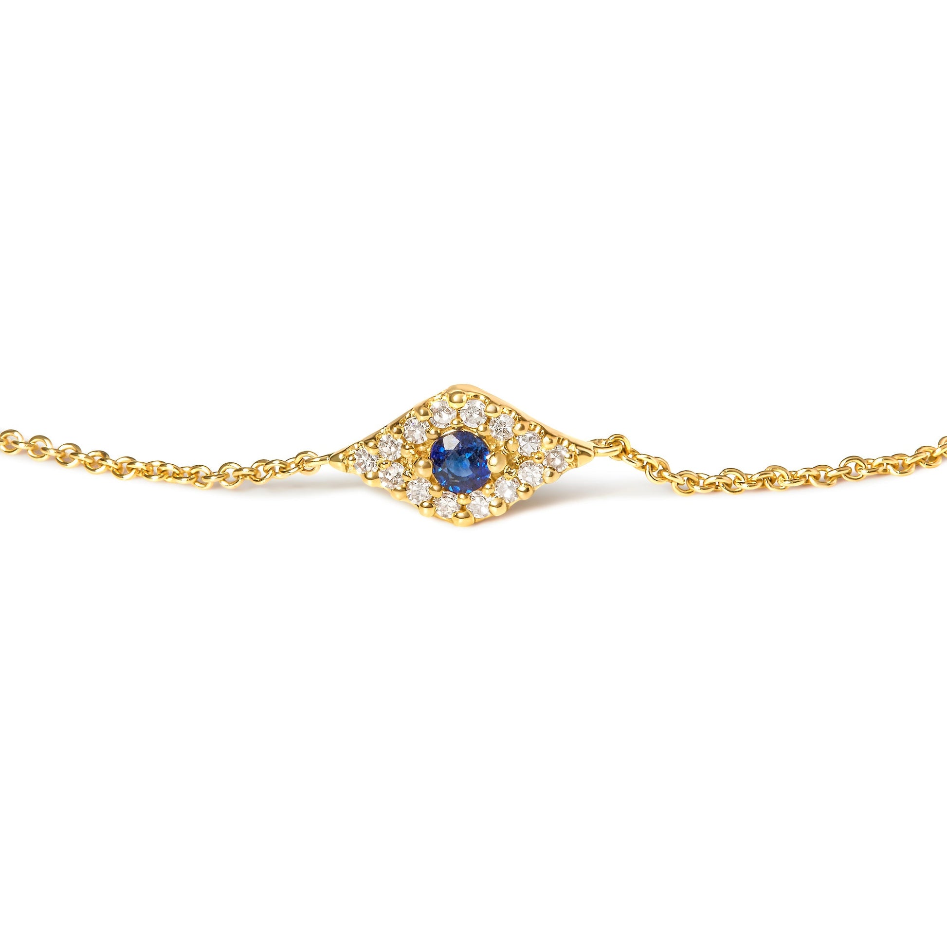10K Yellow Gold Blue Sapphire and Diamond Accent Evil Eye Station Link Bracelet  (H-I Color, I1-I2 Clarity) - Size 7" Bids.com