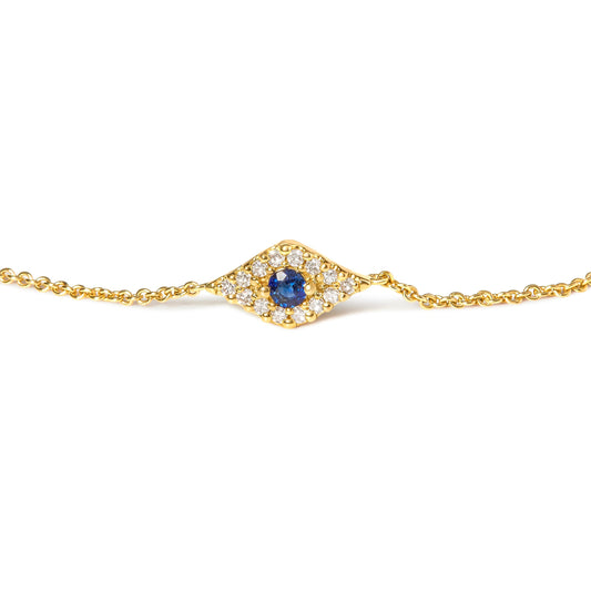 10K Yellow Gold Blue Sapphire and Diamond Accent Evil Eye Station Link Bracelet  (H-I Color, I1-I2 Clarity) - Size 7" Bids.com